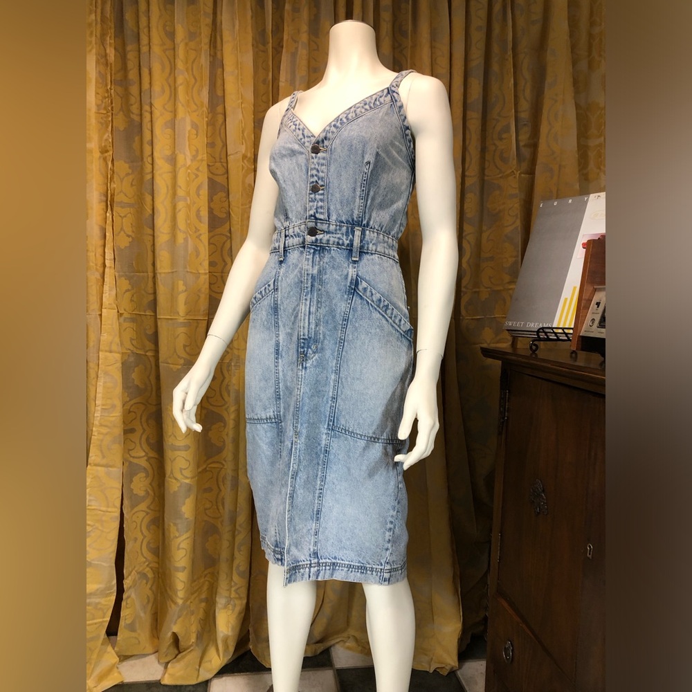 Etica Light Blue Acid-Wash Denim Midi Pencil Dress w Adjustable Straps Festival